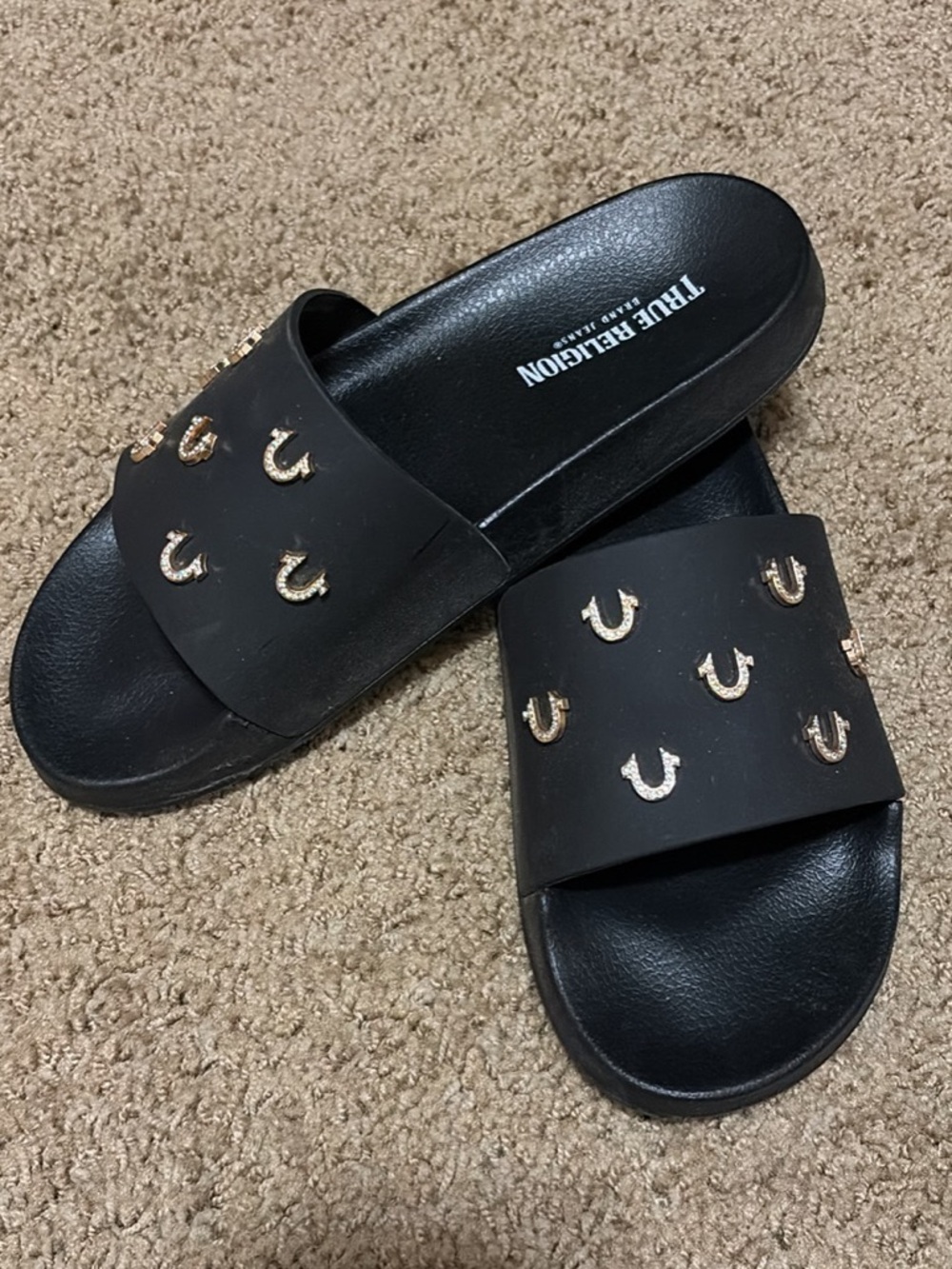 True Religion Black Slide Sandals with Gold Horseshoe Studs